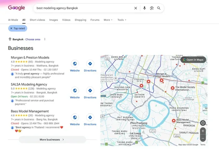 Google results: Morgan & Preston Models ranked #1 in the map-pack for modeling agency Bangkok